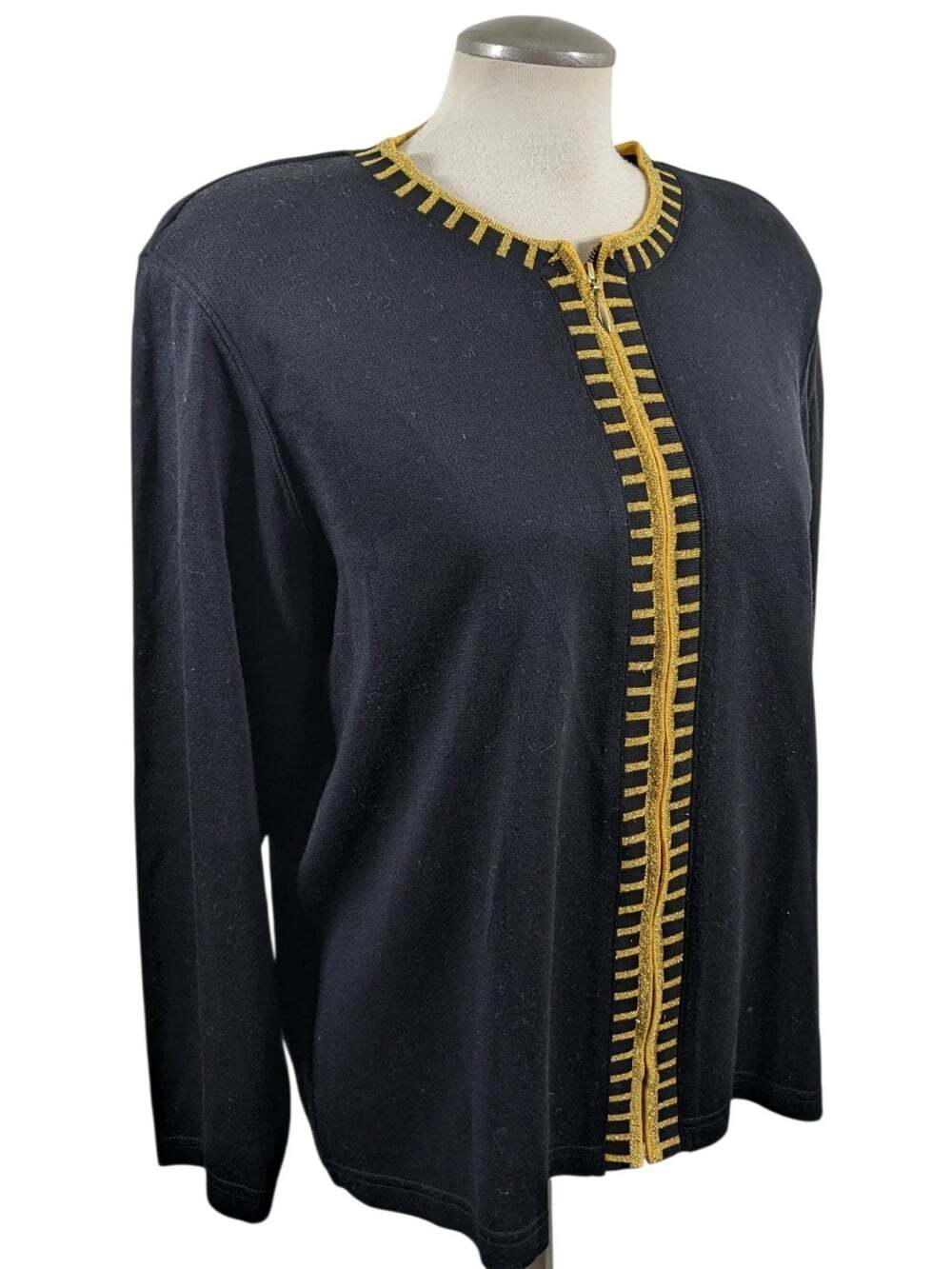 Bobbie Brooks Womens Vintage Full Zip Cardigan Metallic Gold Embroidered Trim XL
